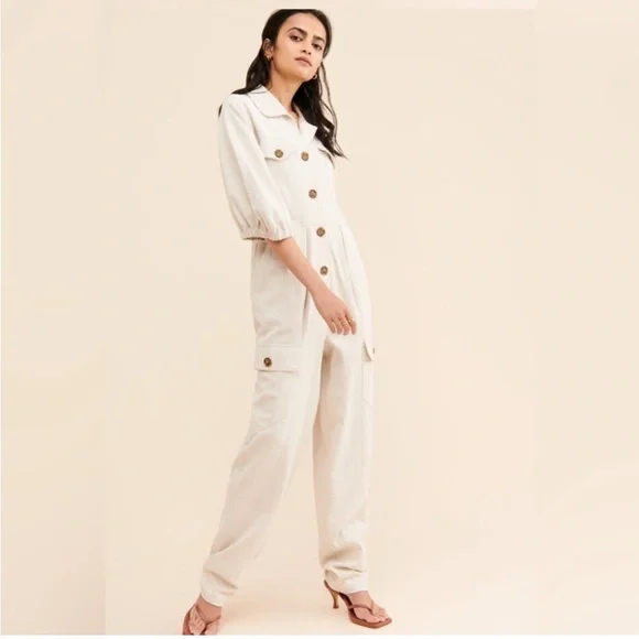 Divine‎ Heritage Princess Cotton Linen Cargo Puff Sleeve Jumpsuit Tan Size Small - Picture 3 of 11